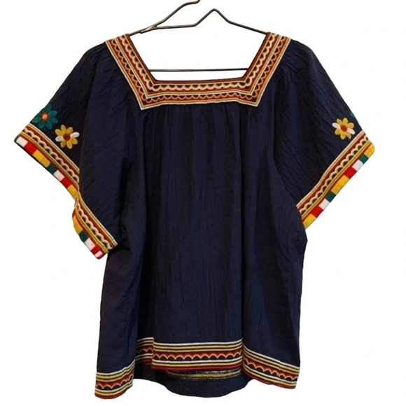 Madewell Size Small Navy Blue Embroidered Sandblossom Top Floral Boho Square - Picture 2 of 4